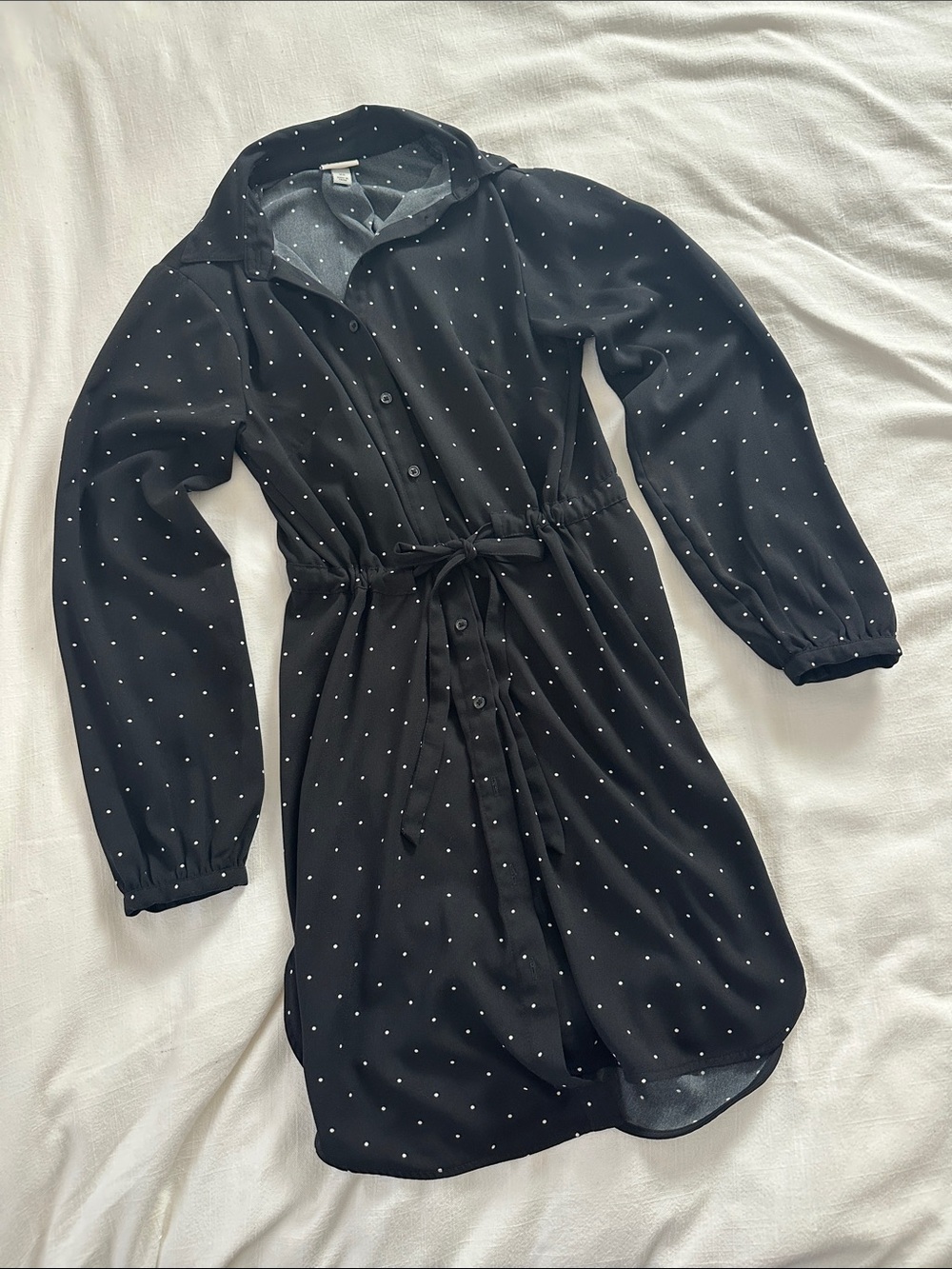 Black Polka Dot Button-Front Shirt Dress with Waist Tie XS